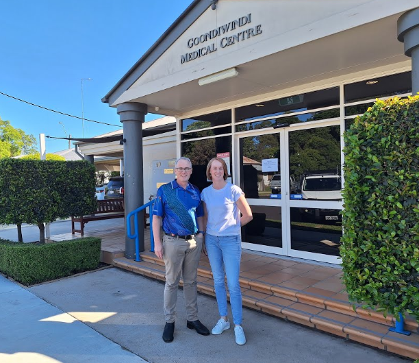 Photo of Sarah and Matt standing outside the Goondiwindi Medical Centre